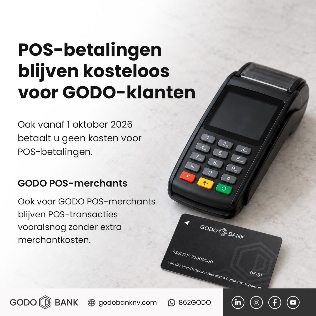 POS-betalingen blijven kosteloos voor GODO-klanten, ook vanaf 1 oktober 2026. Voor GODO POS-merchants blijven POS-transacties vooralsnog zonder extra merchantkosten.
